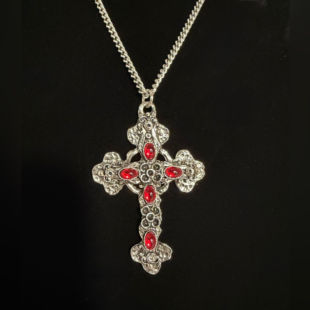 Ornate Gothic Cross Pendant - Silver & Red